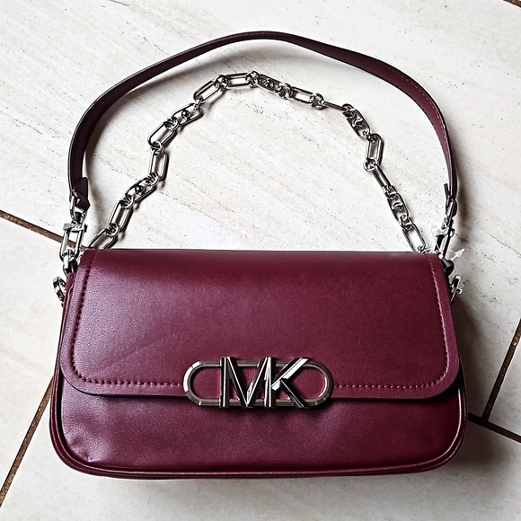 NWT $498 Michael Kors Parker Convertible Pochette Merlot Leather  Silver Logo - Picture 3 of 11